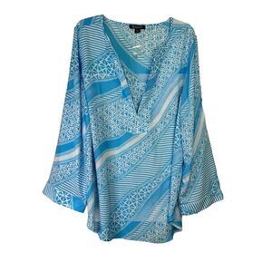 Roaman's Woman Tunic VNeck Geometric Print Blue‎ Sz 22W Roll Tab Sleeve NWT